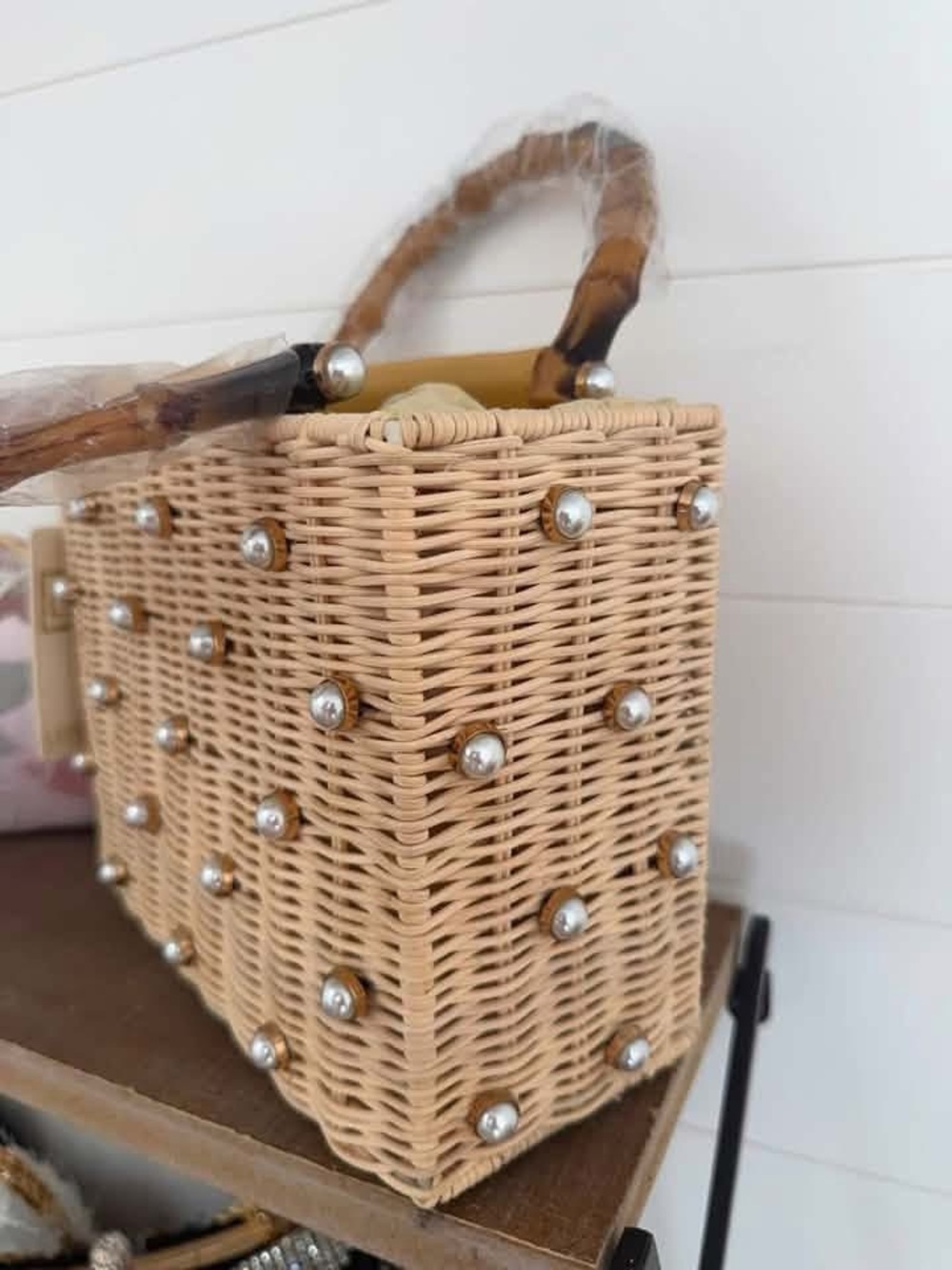 Urban Expressions Pearl-Embellished Woven Mini Tote in Natural